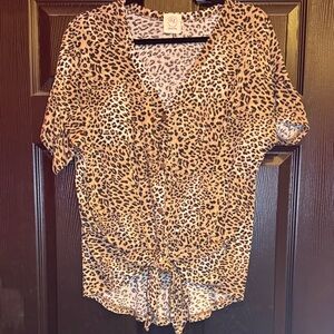 Leopard Print Tie-Front V-Neck Top - Brown